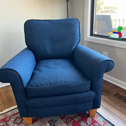 Navy blue club armchair, freshly reupholstered