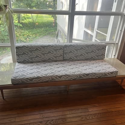 Mid-century bench with new grey patterned cushions