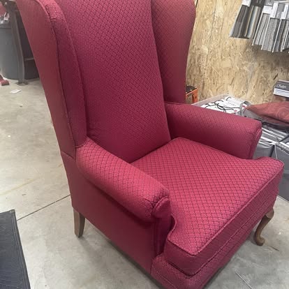 Burgundy wingback chair reupholstered by Knot Just Upholstery