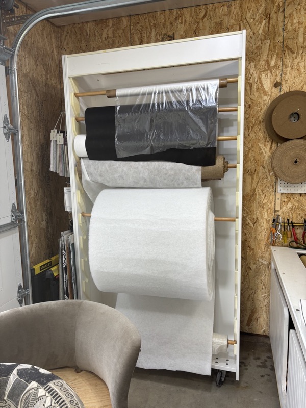 Rolls of foam and batting in the workshop